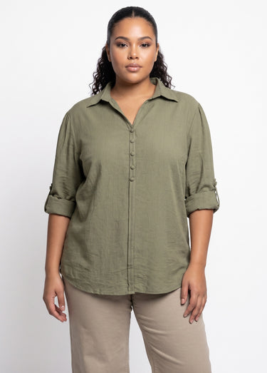 Blouse boutonnée unie col V Kaki