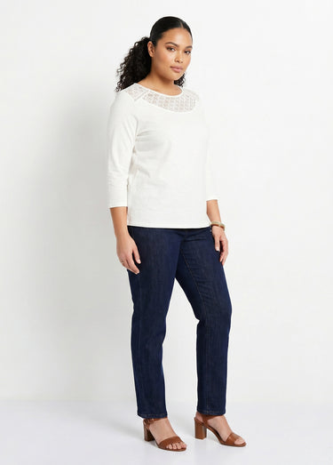T-shirt coton et dentelle manches 3/4 Blanc