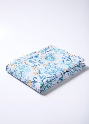 Parure de lit 4 pièces avec drap plat, camélias Bleu