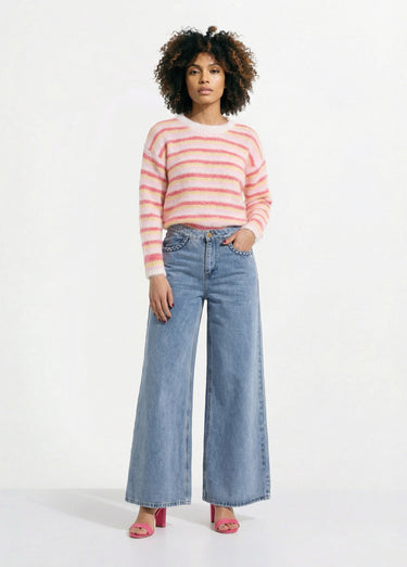 Pull duveteux col rond, rayures pastel Rose/Jaune