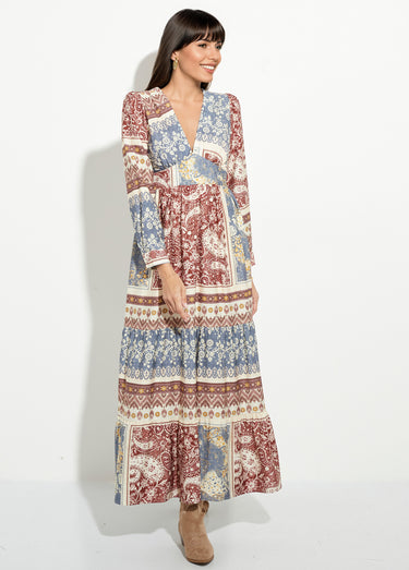 Robe longue à étages, motif patchwork Bleu / Beige
