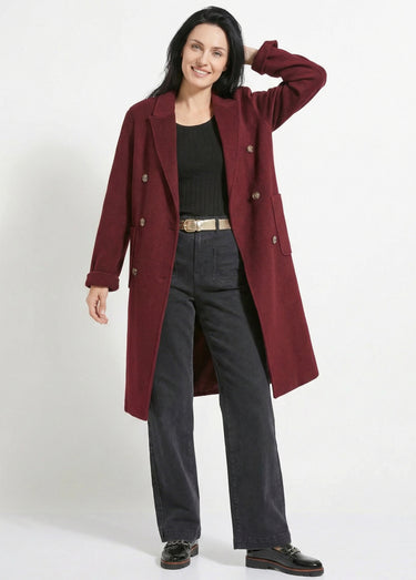 Manteau long drap de laine col tailleur Prune