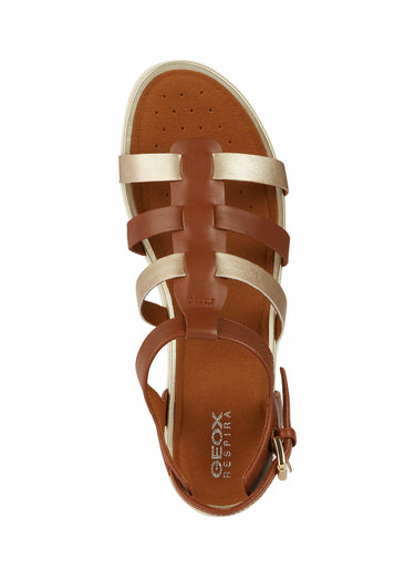 Sandales ouvertes compensées en cuir Cognac/Doré