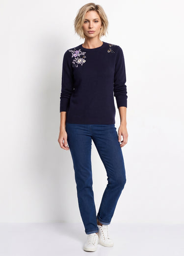 Pull doux uni brodé col rond manches longues Marine