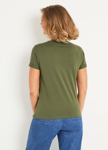 T-shirt col rond broderie coeur poitrine Kaki