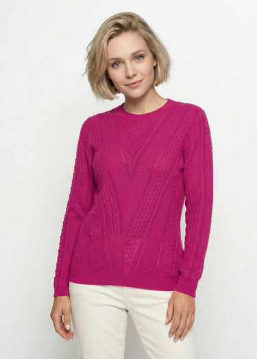 Pull col rond maille ajourée et boules Fuchsia