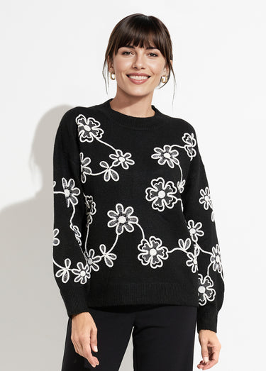 Pull montant application fleurs brodées Noir