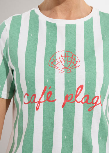 T-shirt rayé col rond message Café plage Vert/Blanc