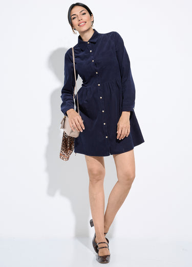 Robe chemisier en velours taille plissée Marine