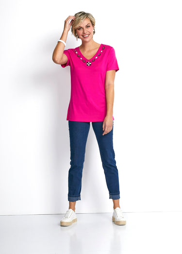 Tee-shirt long col V bijou Fuchsia