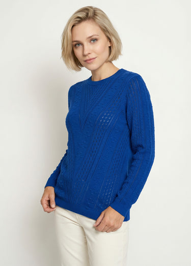 Pull col rond maille ajourée et boules Bleu