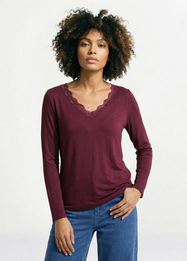 T-shirt court dentelle col V manches longues Prune