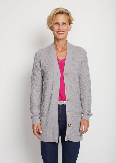 Gilet long boutonné torsades col V Gris