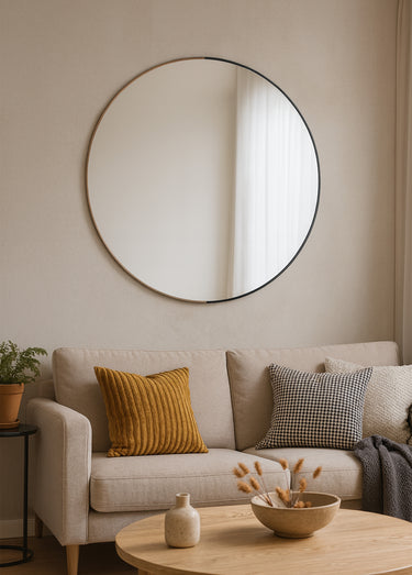 Grand miroir rond contour métal et bois Noir