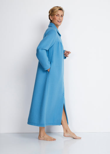 Peignoir boutonné long molleton brodé col châle Bleu Canard