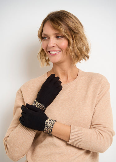 Gants polaire chauds avec bord léopard Noir