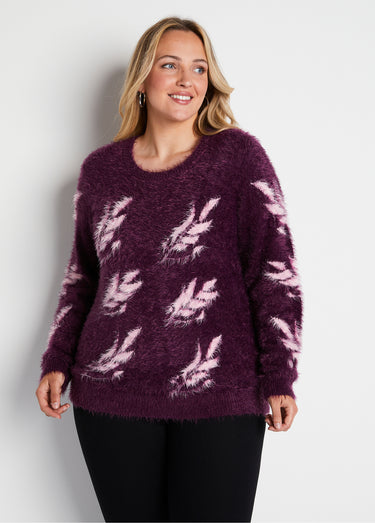 Pull jacquard maille poilue manches longues Cassis/Rose