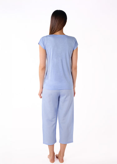 Pyjama avec lin manches courtes col V Bleu