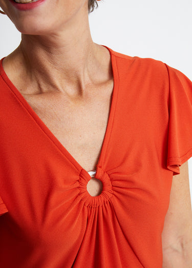 Tee-shirt long col V effet drapé Orange