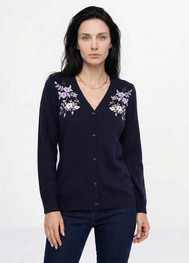 Gilet doux uni col V boutonné court brodé Marine