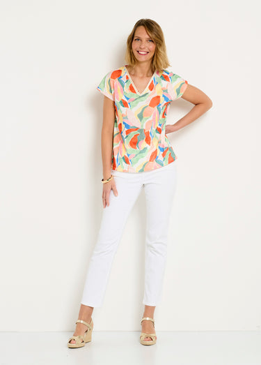 T-shirt court col V brillant imprimé Jaune/Vert