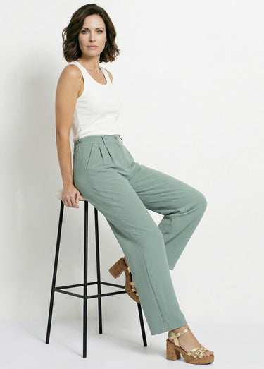 Pantalon large à pinces taille élastiquée Vert Sauge