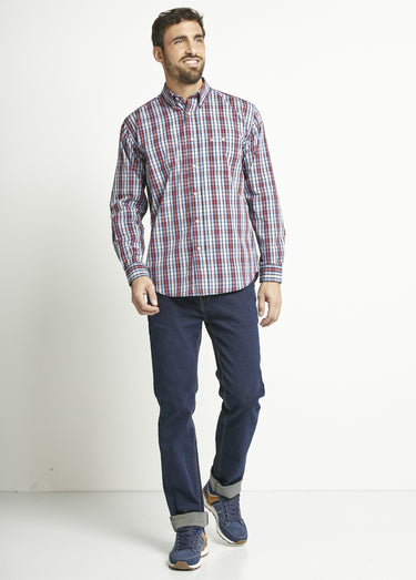 Chemise manches longues uni ou carreaux coton Carreaux Rouge
