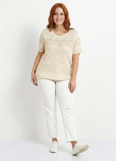Pull manches courtes blousant ajouré col rond Ficelle