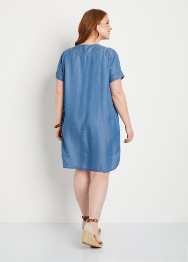 Robe courte droite tissu lyocell Bleu