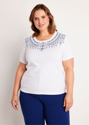 T-shirt manches courtes col motif clouté Blanc