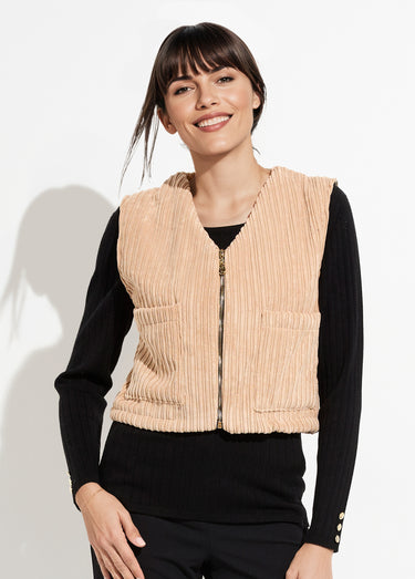 Veste zippée col V sans manches velours Camel