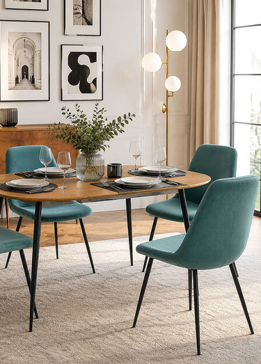 Set 4 Chaises velours cotelé, pieds métal Bleu Canard