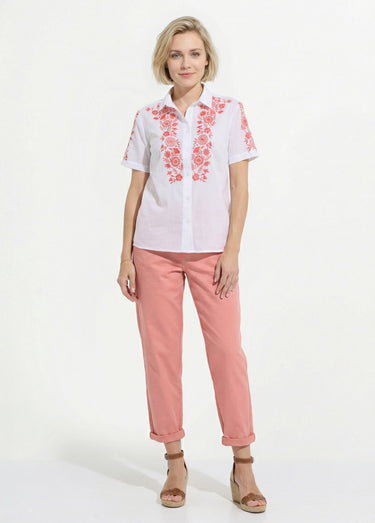 Chemisier long coton brodé manches courtes Blanc/Rose