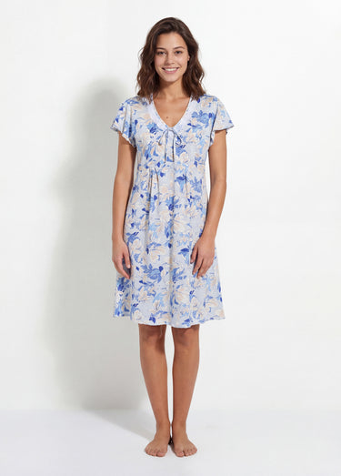 Chemise de nuit coton dentelle Imprime/Bleu