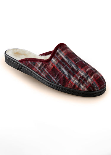 Chaussons mules pure laine à carreaux Bordeaux