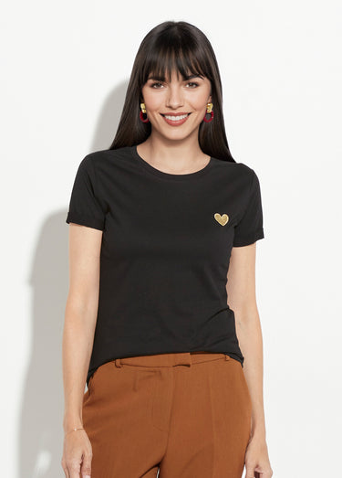 T-shirt col rond broderie coeur poitrine Noir