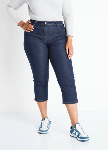 Pantacourt ceinture extensible en jean Indigo