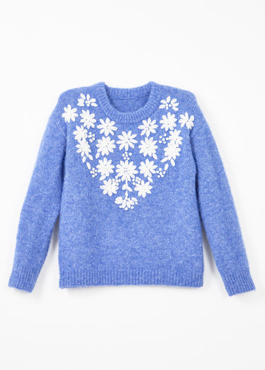 Pull moelleux col rond fleurs brodées Bleu