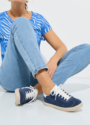 Baskets unies compensées cuir à lacets Marine