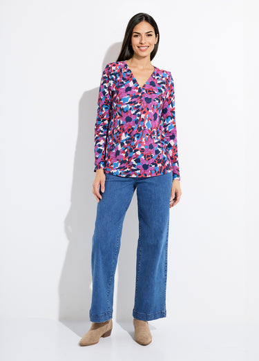 T-shirt chaud évasé col V imprimé multicolore Imprime/Bleu