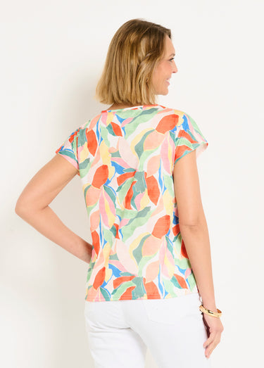 T-shirt court col V brillant imprimé Jaune/Vert