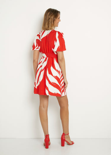 Robe courte imprimée col V manches papillon Rouge/Ecru