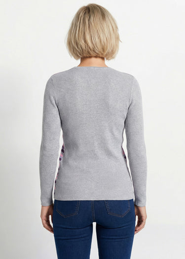 Pull chaud col rond laine mérinos Raye Argent/Prune