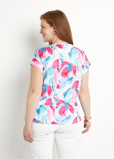 T-shirt court col V brillant imprimé Bleu/Rose