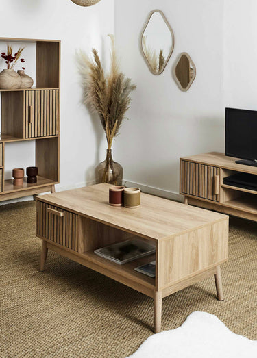 Table basse en bois claustra, 1 tiroir Marron