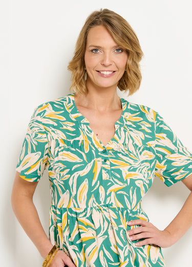 Robe col V boutonnée imprimée manches courtes Vert/Blanc