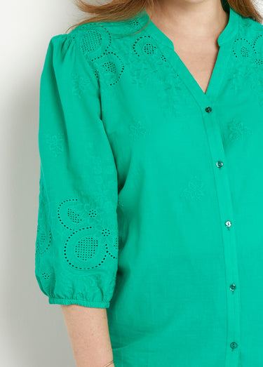 Chemisier long coton brodé manches 3/4 Vert
