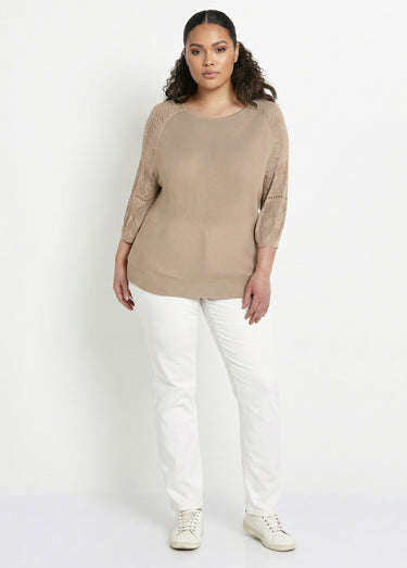 Pull léger manches 3/4 raglan col rond Beige