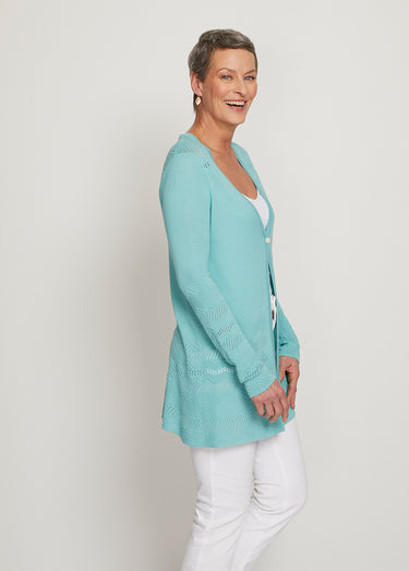 Gilet mi-long 1 bouton maille fantaisie Aqua