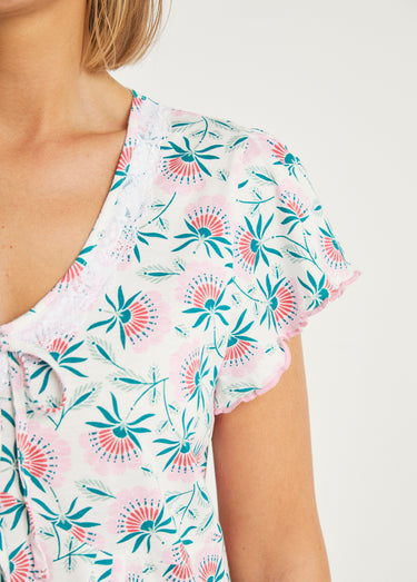 Chemise de nuit coton fleuri dentelle mi longue Rose